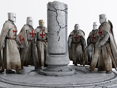 Cartoon Scene Of Knights With Red Crosses Around Stone Pillar 3d model