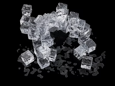 Transparent Ice Cubes Arranged in Circular Shape with Melting Water Drops on Black Background 3d model
