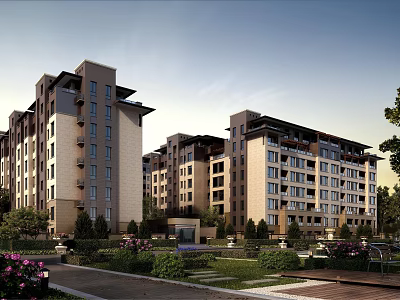 Modern Residential Building Complex With Lush Gardens Pathways And Green Lawns 3d model