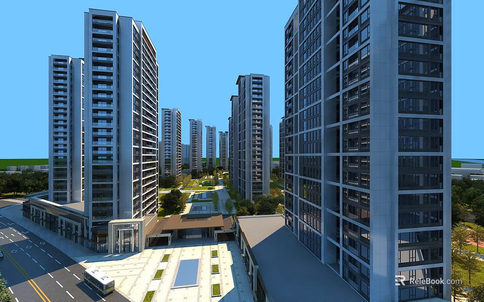 Modern High Rise Residential Buildings With Contemporary Exterior Surrounded By Urban Square And Landscaped Areas 3d model 