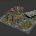 Outdoor Wooden Table With Clay Vase Glass Cups Red Bench And Rusty Wheelbarrow On Grass