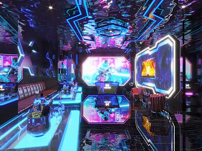 Modern KTV Lounge Interior With Neon Lights LED Screens And Comfortable Sofa Seats 3d model