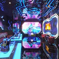 Modern KTV Lounge Interior With Neon Lights LED Screens And Comfortable Sofa Seats