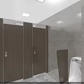 Modern Public Restroom Interior Design With Two Wooden Doors Vanity Mirrors Light Tiles And Plant