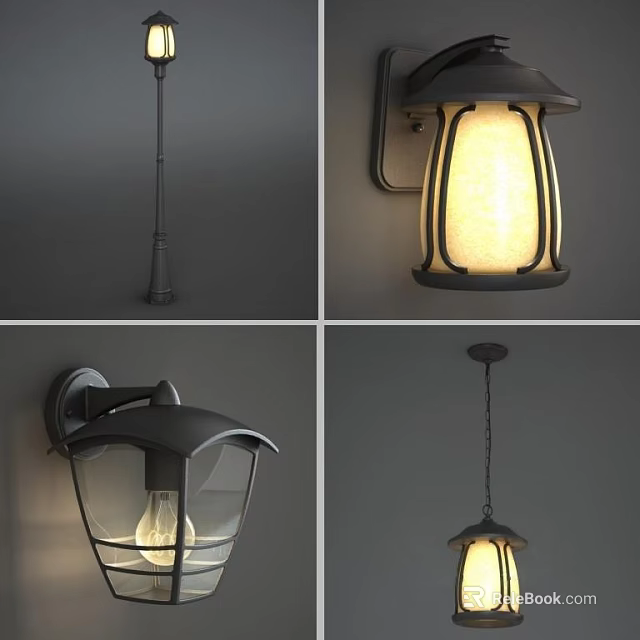 Modern Black Light Fixture Combinations Featuring Wall Pendant And Post Lights With Glass Shades 3d model 