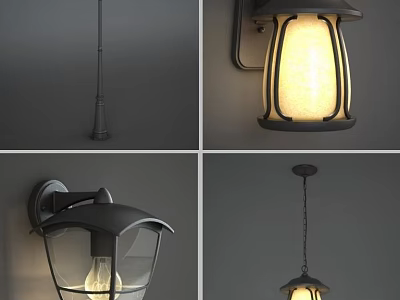 Modern Black Light Fixture Combinations Featuring Wall Pendant And Post Lights With Glass Shades 3d model