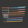 Multiple Swords With Various Colored Handles And Blades Arranged Neatly In A Row