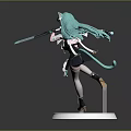 Anime Figure Green Hair Holding Sword Black Skirt White Thigh High Socks On White Stand