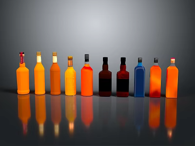 Various Colored Bottles With Different Caps Arranged On Gray Background With Reflections 3d model