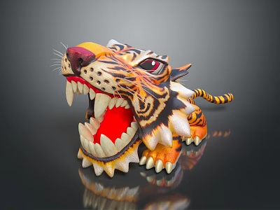 Colorful Tiger Figurine With Open Mouth Red Interior Sharp Teeth And Striped Pattern 3d model