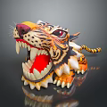 Colorful Tiger Figurine With Open Mouth Red Interior Sharp Teeth And Striped Pattern 3d model