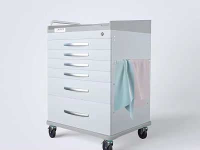 Mobile White Medical Storage Cart With Multiple Spacious Drawers And Hanging Towels 3d model