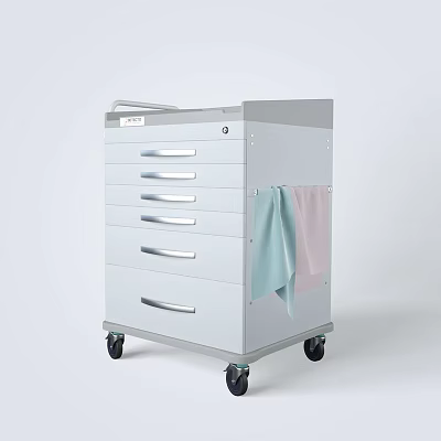 Mobile White Medical Storage Cart With Multiple Spacious Drawers And Hanging Towels 3d model