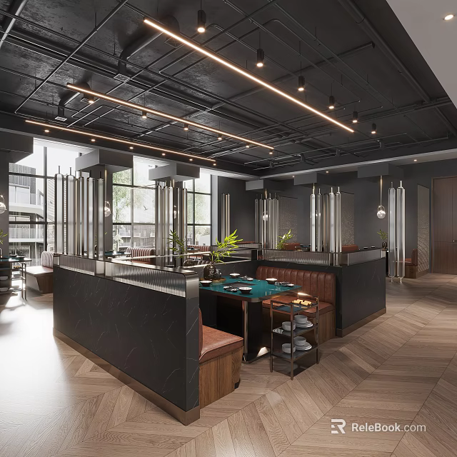 Modern Hotpot Restaurant Interior Design With Leather Seats Wooden Tables And Warm Pendant Lights 3d model 