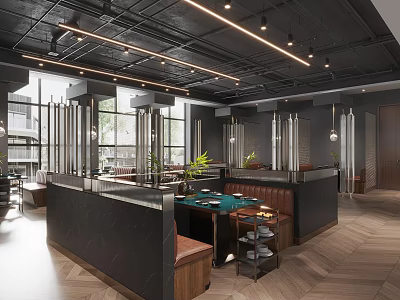 Modern Hotpot Restaurant Interior Design With Leather Seats Wooden Tables And Warm Pendant Lights 3d model