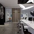 Modern Public Office Space With White Desks Computers Black Chairs Pendant Lights And Large Windows