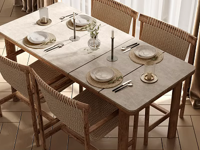 Rustic Wooden Dining Table Set With Woven Chairs Plates Cutlery Vase And Decorative Candle 3d model