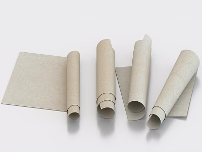 Beige Paper Sheets Rolled Up And Unfolded Display On White Background 3d model