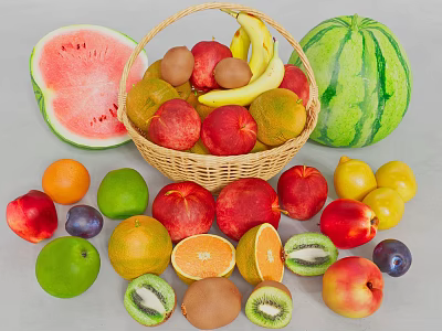 Assorted Fresh Fruits in Wicker Basket with Halved Watermelon Apples Bananas Oranges and Cut Kiwis 3d model