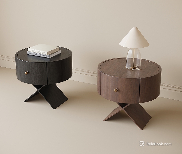 Round Black And Brown Bedside Tables With Cross Bases Drawers Books And Lamp 3d model 