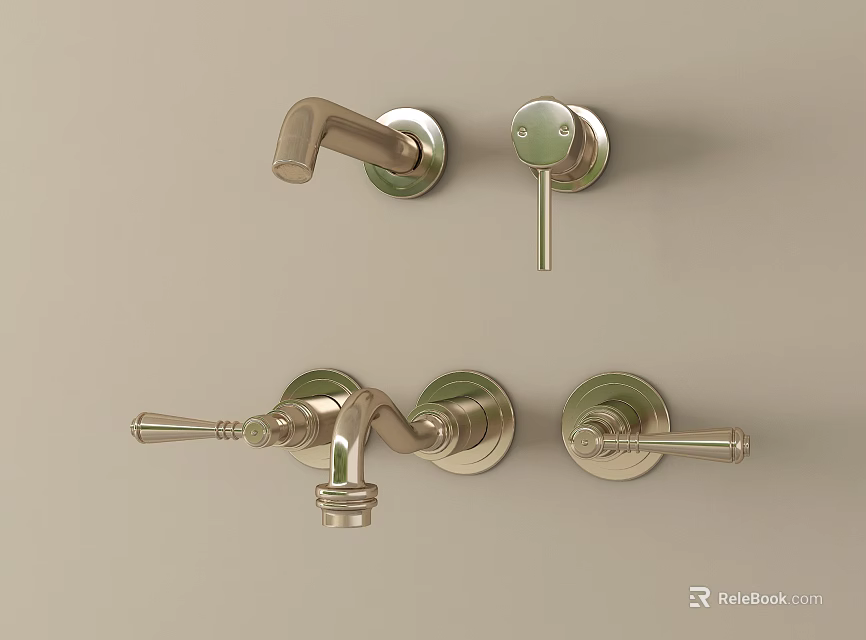 Modern Wall Mounted Bathroom Faucets With Metal Finish And Handle Design 3d model 