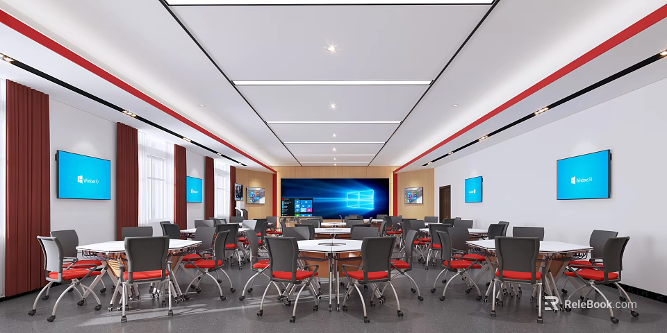 School Spacious Conference Room Interior With Chairs Tables And Screens 3d model 