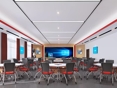 School Spacious Conference Room Interior With Chairs Tables And Screens 3d model