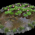 Circular Water Fountain With Stone Border Lily Pads Pink Lotus Flowers And Koi Fish