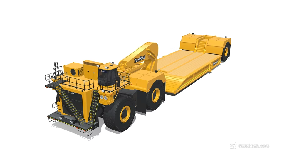 Large Yellow Heavy Duty Trailer With Crane And Extended Flatbed Structure 3d model