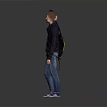 Man In Dark Blue Sweater Jeans With Yellow Backpack Touching Head Against Gray Background