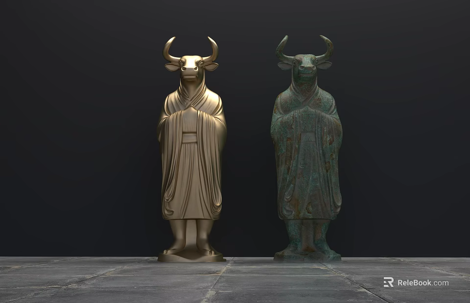 Two Bull Head Human Body Sculptures in Golden and Bronze Robe Artistic Design 3d model 