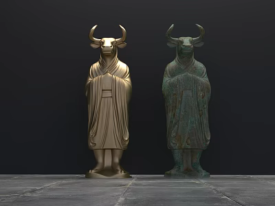 Two Bull Head Human Body Sculptures in Golden and Bronze Robe Artistic Design 3d model