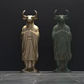Two Bull Head Human Body Sculptures in Golden and Bronze Robe Artistic Design