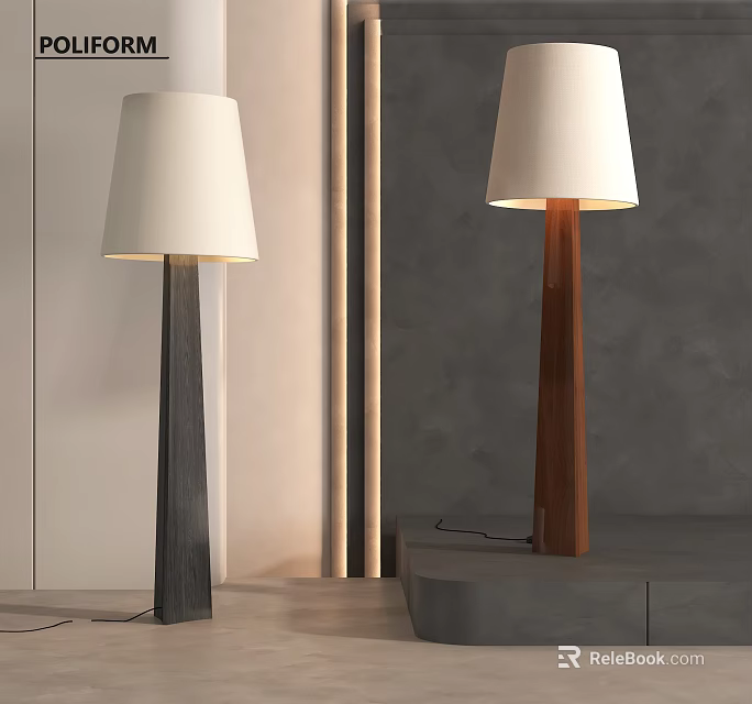 Two Modern Floor Lamps With White Shade And Wooden Dark Pedestal In Minimalist Interior 3d model 