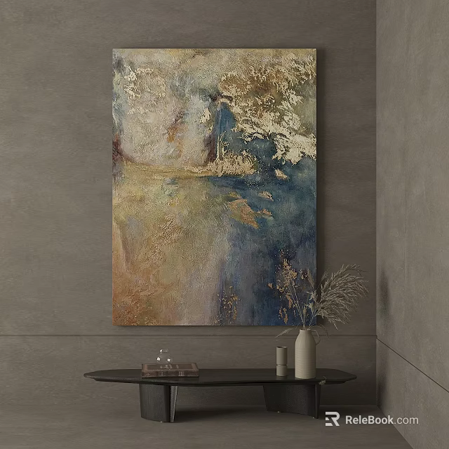 Abstract Painting With Blue Gold Beige Tones On Wall And Decorative Table Vase Dried Flowers 3d model 