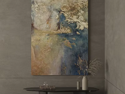 Abstract Painting With Blue Gold Beige Tones On Wall And Decorative Table Vase Dried Flowers 3d model