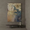 Abstract Painting With Blue Gold Beige Tones On Wall And Decorative Table Vase Dried Flowers