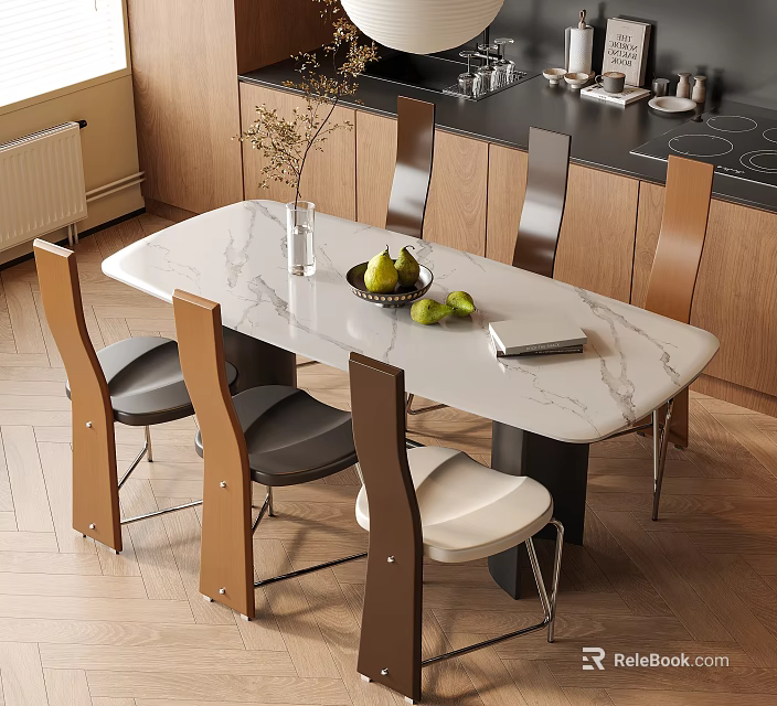 Rectangular White Marble Dining Table with Brown Black White Chairs in Kitchen 3d model