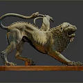 Mythical Bronze Lion Sculpture With Curled Tail And Decorative Details On Orange Base