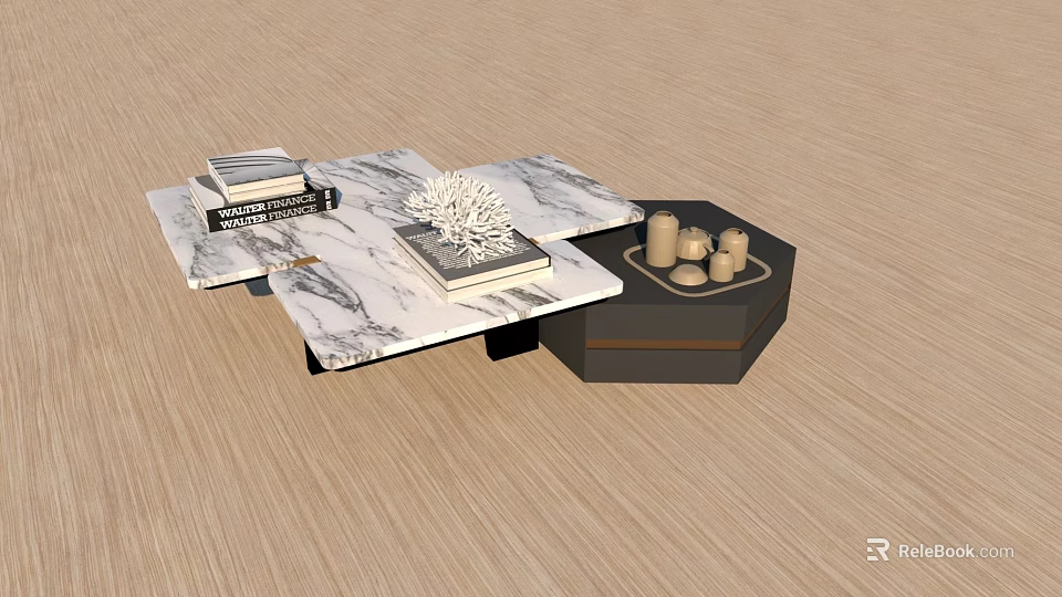 Modern Marble Coffee Table With Stacked Books Coral Decoration And Candles On Hexagonal Side Table 3d model 