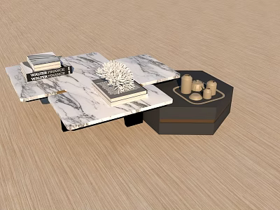 Modern Marble Coffee Table With Stacked Books Coral Decoration And Candles On Hexagonal Side Table 3d model