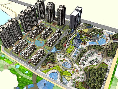 Integrated Residential Layout With High Rise Buildings Low Rise Houses Green Parks And Water Features 3d model