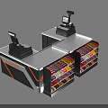 Supermarket Department Store Checkout Counters With Cash Registers And Product Shelves