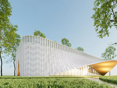 Modern Sales Office Building With Wavy White Facade Surrounded by Trees 3d model