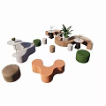 Modern Casual Sofa Set With Various Shapes Colorful Seats Green Plants And Small Round Tables