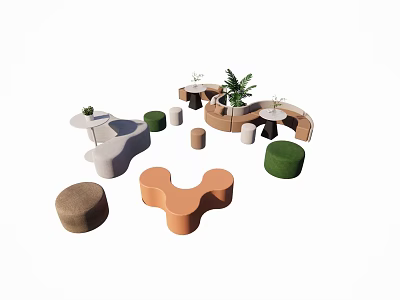 Modern Casual Sofa Set With Various Shapes Colorful Seats Green Plants And Small Round Tables 3d model