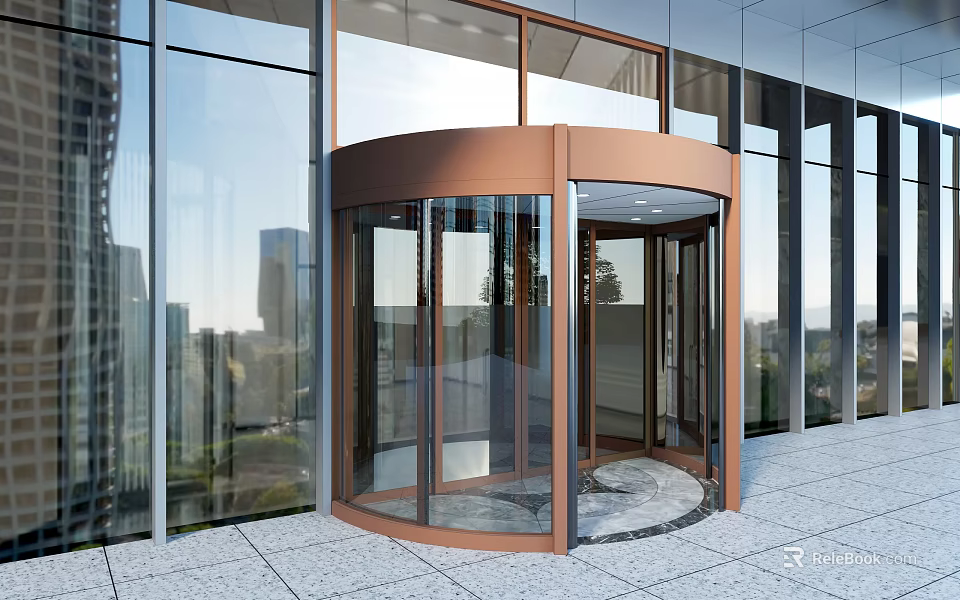 Modern Building Entrance With Bronze Revolving Door And Glass Curtain Wall 3d model 