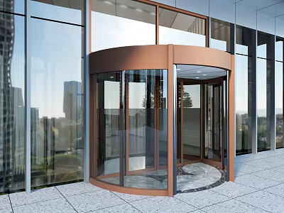 Modern Building Entrance With Bronze Revolving Door And Glass Curtain Wall 3d model