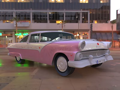 Pink Vintage Classic Car Parked In Urban Area With Modern Building Lights 3d model