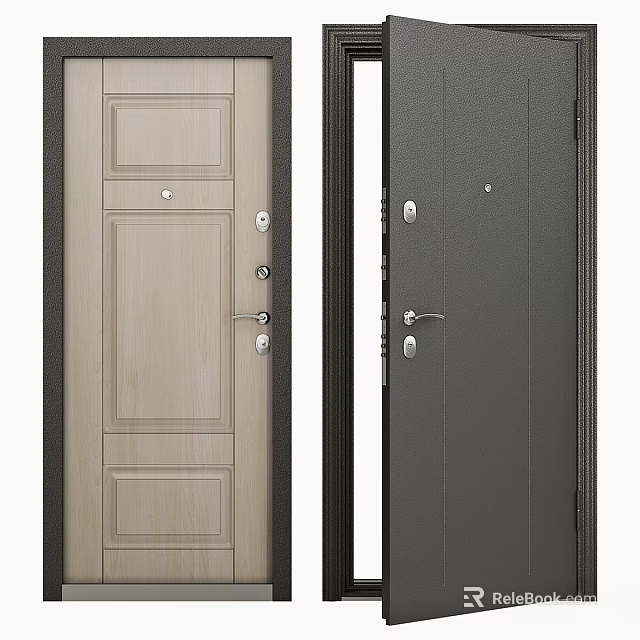Modern Swing Door Design With Light And Dark Wood Panels And Metal Handles 3d model 